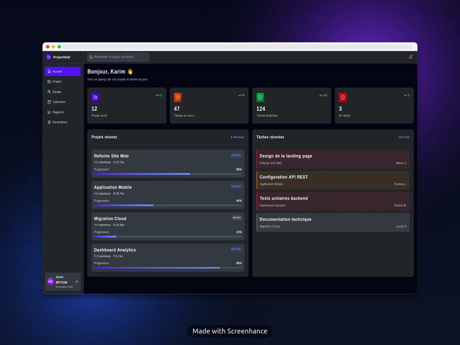 ProjectHub : dashboard moderne et élégant pour la gestion de projet